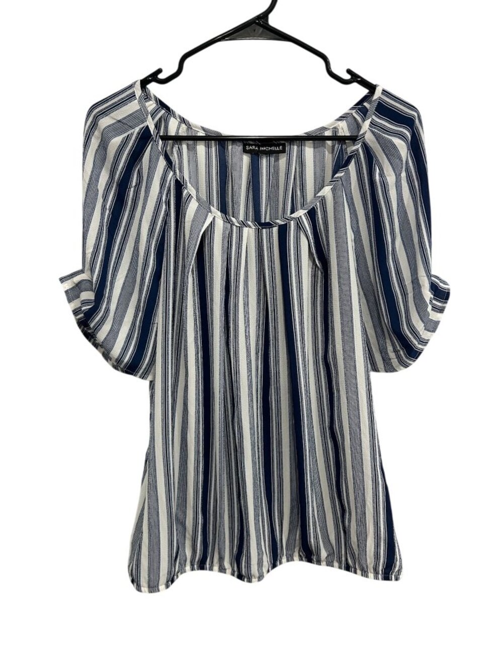 Sara Michelle Blue White Striped Scoop Neck Blouse Preppy Parisian Aesthetic